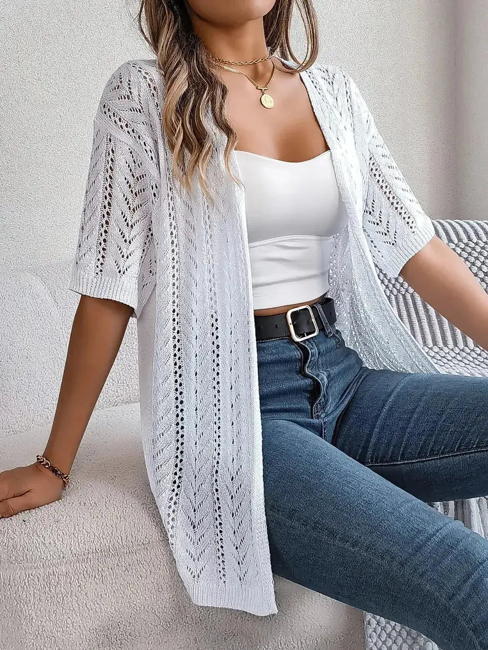 Openwork Open Front Half Sleeve Cardigan - DaisyDrop 