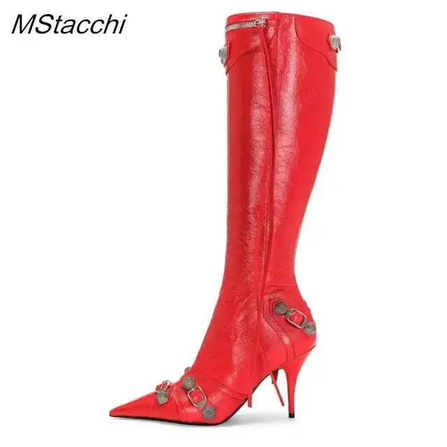 Zipper-Sid Long Botas De Mujer Metal Rivet Women High Knee Pointed Toe Boots eprolo