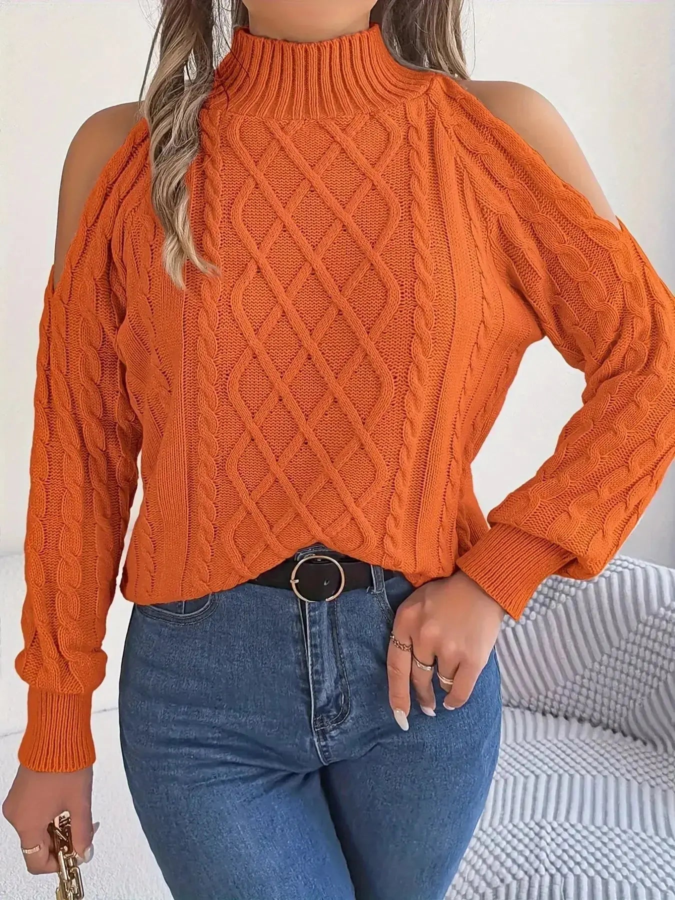Cable Knit Cold Shoulder Turtleneck Sweater - DaisyDrop 