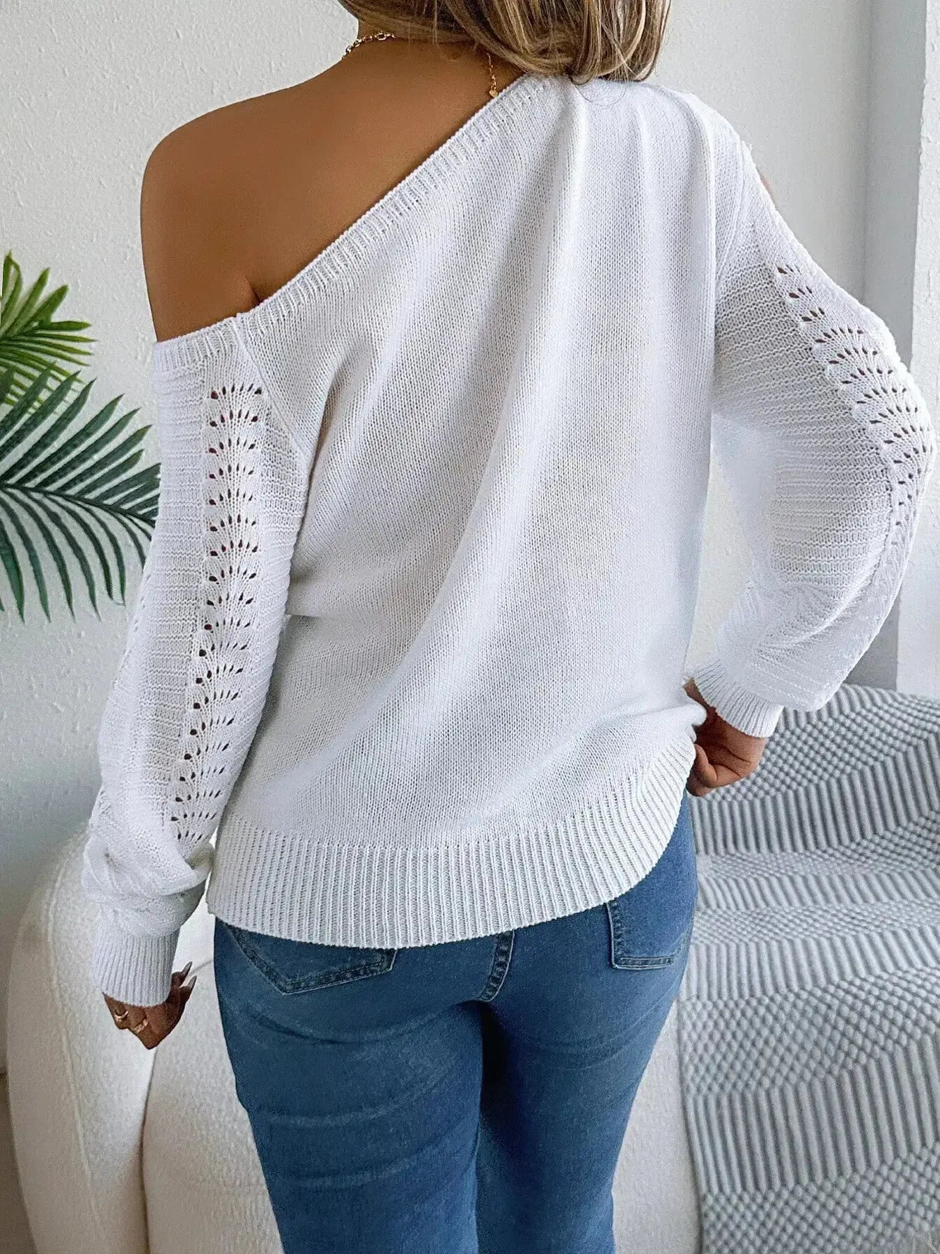 Openwork One Shoulder Cutout Long Sleeve Sweater - DaisyDrop 
