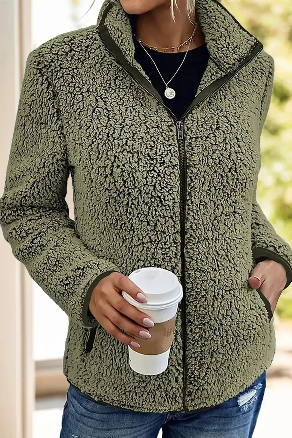 Pocketed Zip Up Turtleneck Jacket - DaisyDrop 