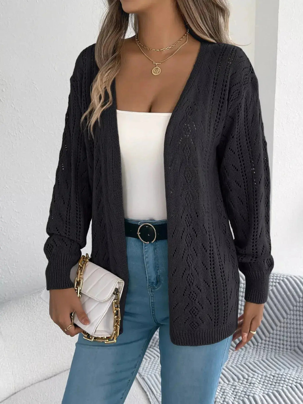 Openwork Open Front Cardigan - DaisyDrop 