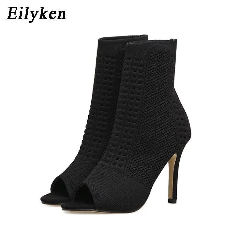 Womens Ankle Boots Green Elastic Knit Sock Open Toe eprolo