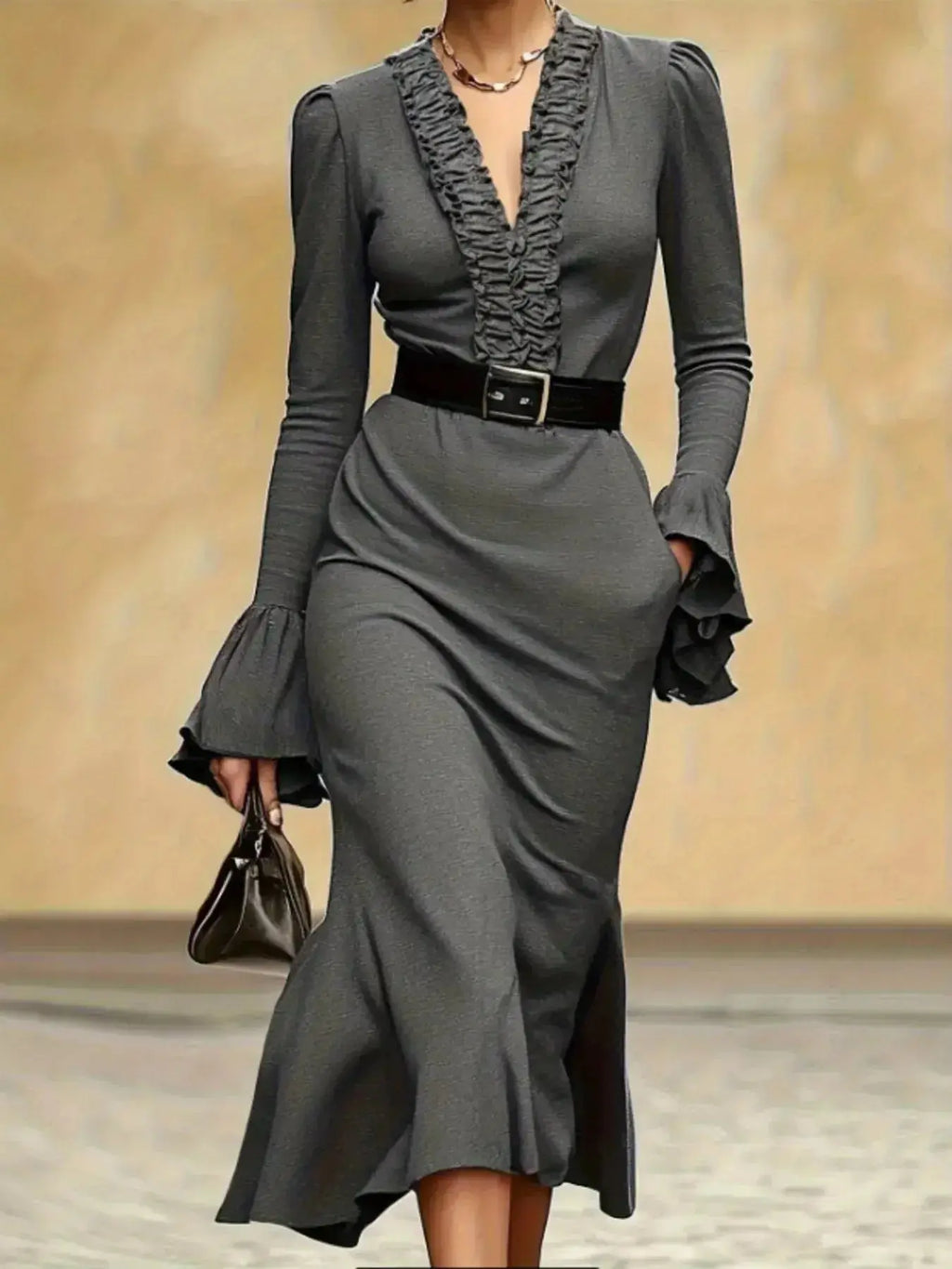 Frill V-Neck Flare Sleeve Dress - DaisyDrop 