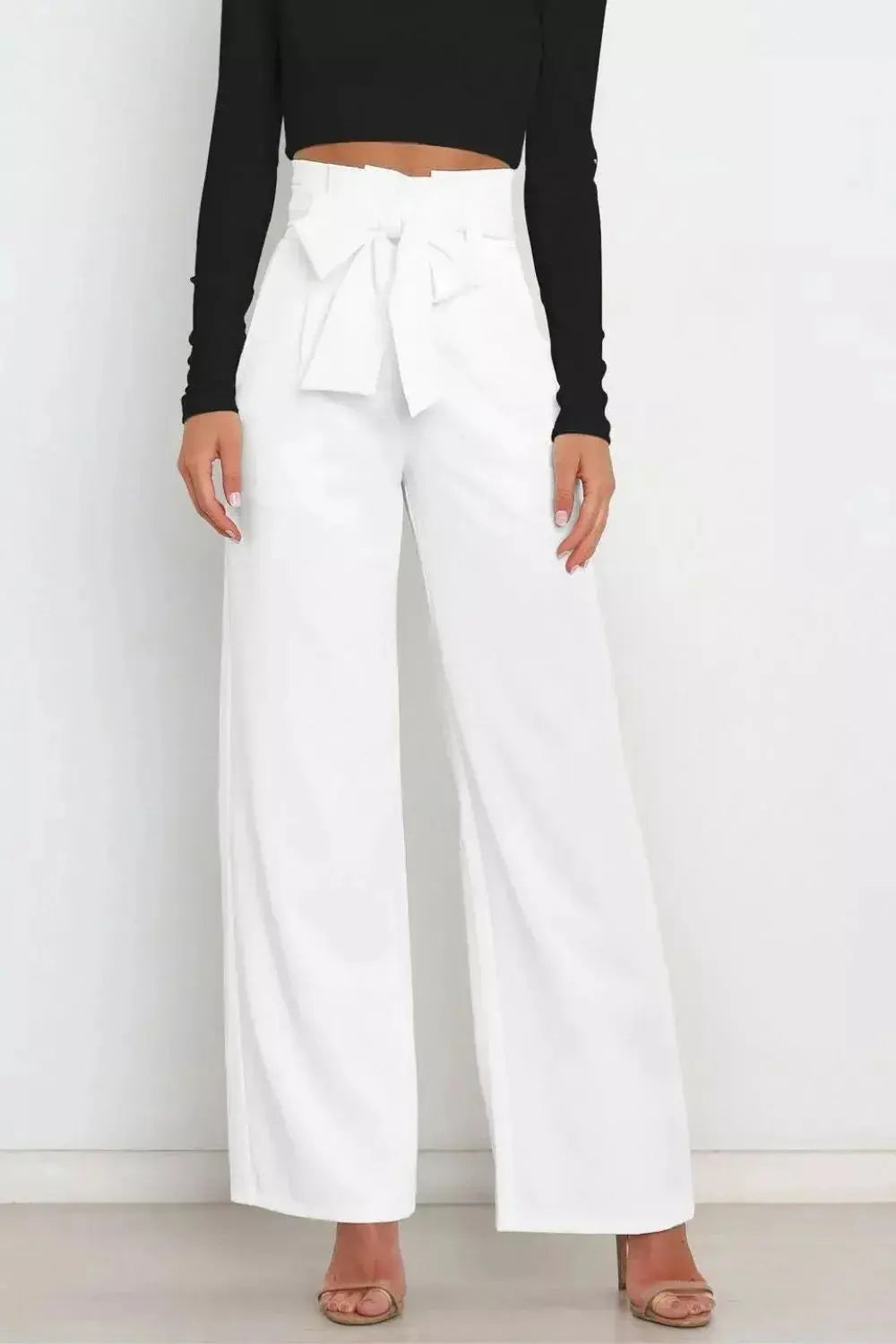 High Waist Tie Front Wide Leg Pants - DaisyDrop 