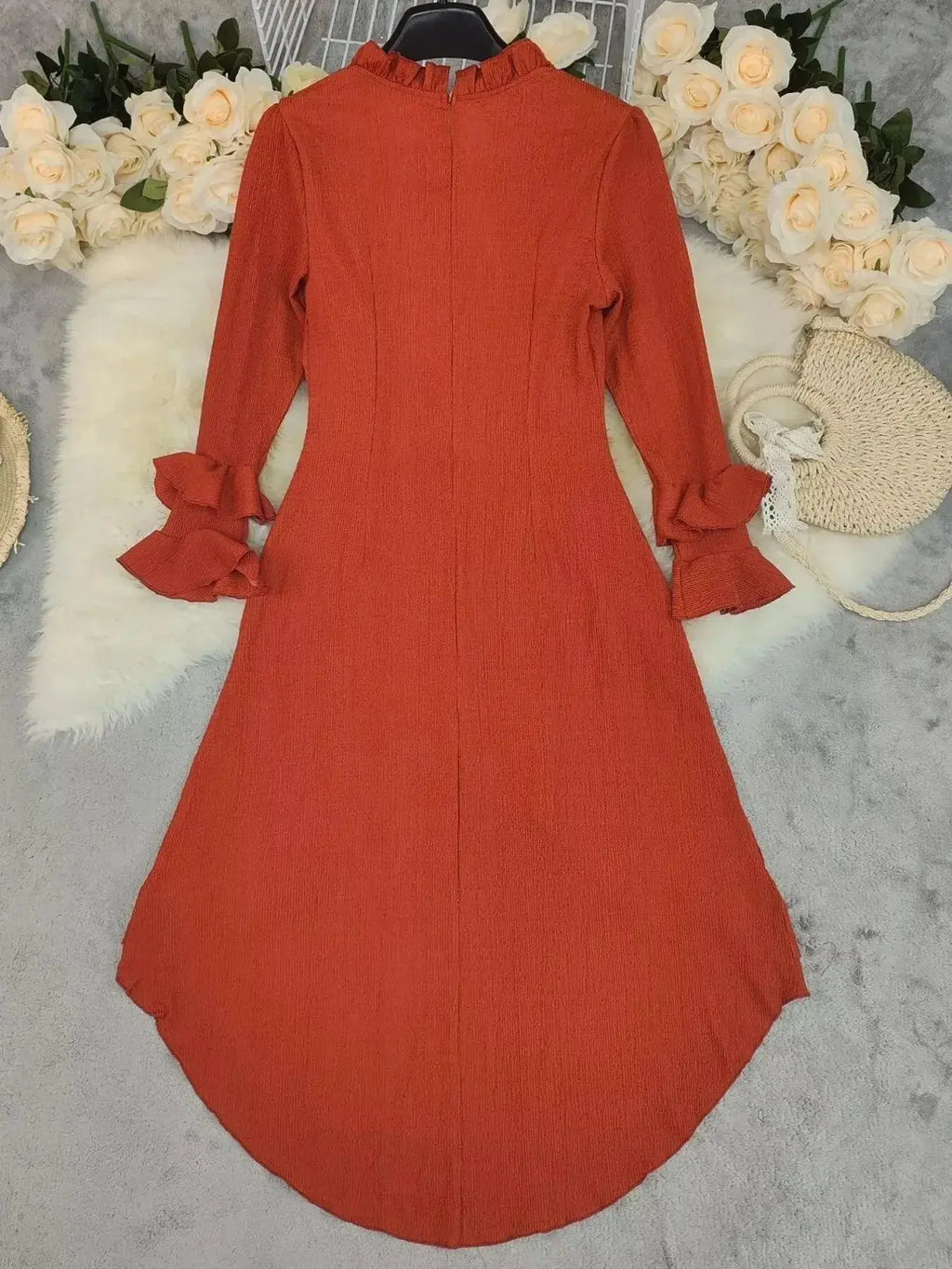 Ruffled High-Low Long Sleeve Dress - DaisyDrop 