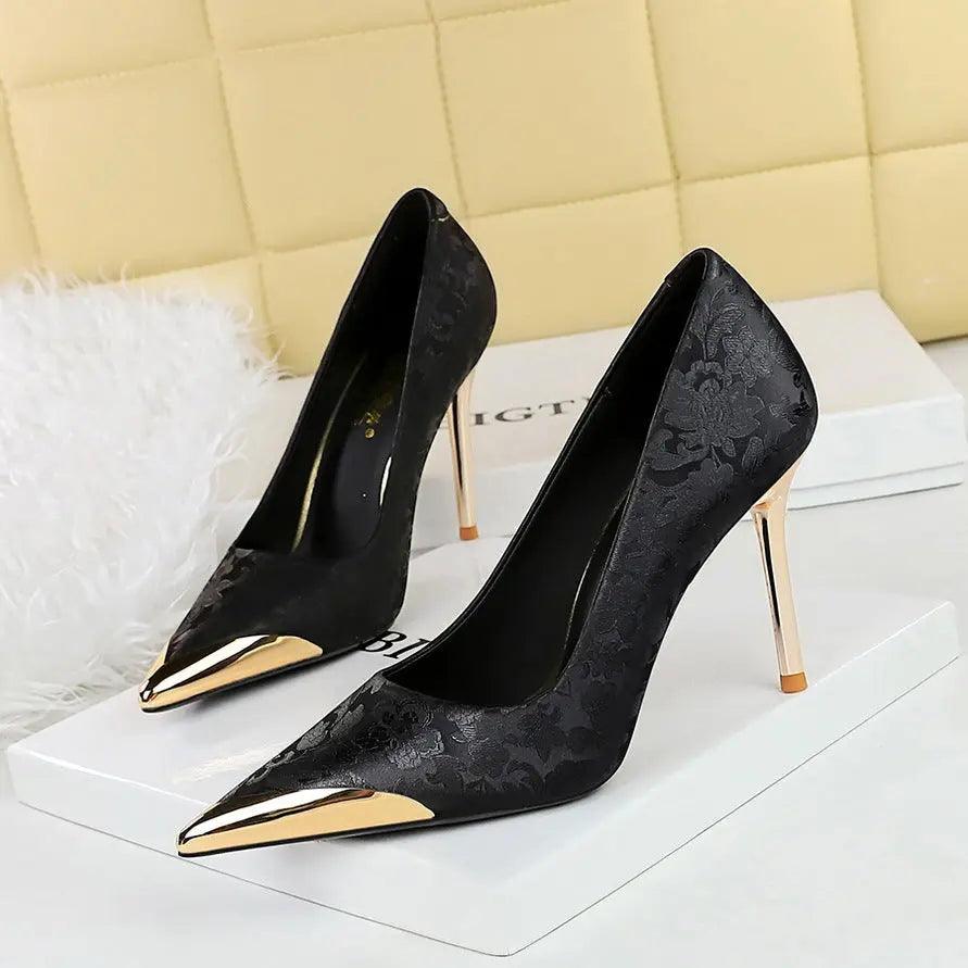 Chinese style women's high heels, silk thin heels, shallow mouth metal pointed satin, banquet high heels, single shoes for women eprolo