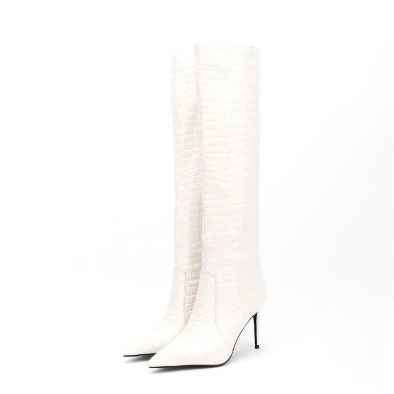 Women Knee High Boots Fluorescent Crocodile Leather Pointed Toe eprolo