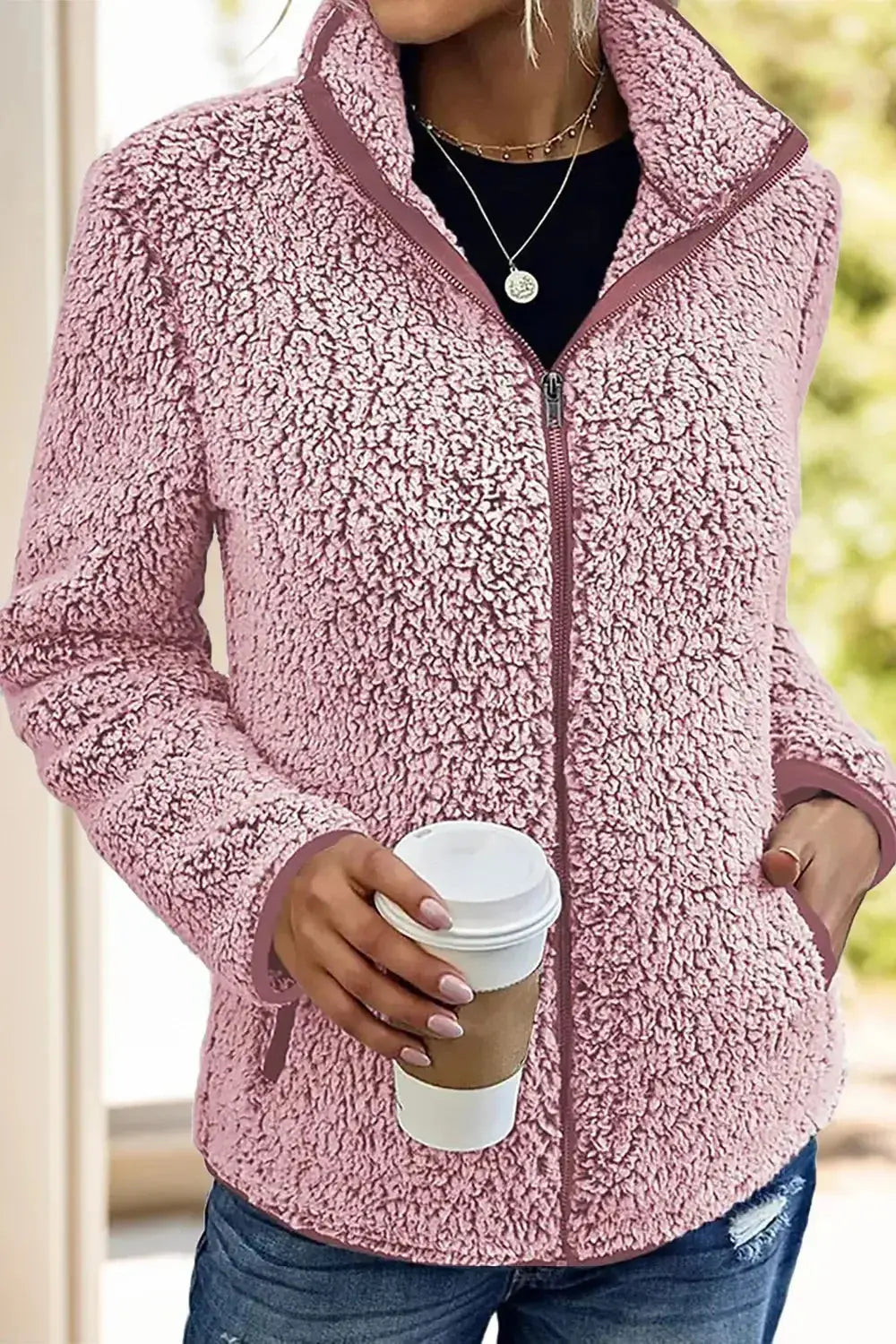 Pocketed Zip Up Turtleneck Jacket - DaisyDrop 