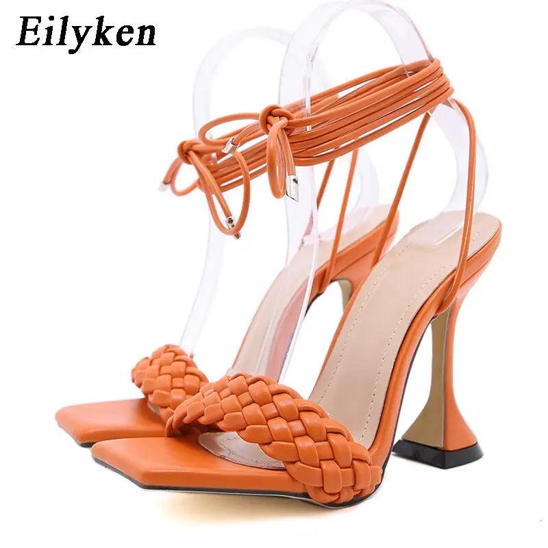 New Design Weave Sandals Spike Heels Women Open Toe Ankle Strap eprolo