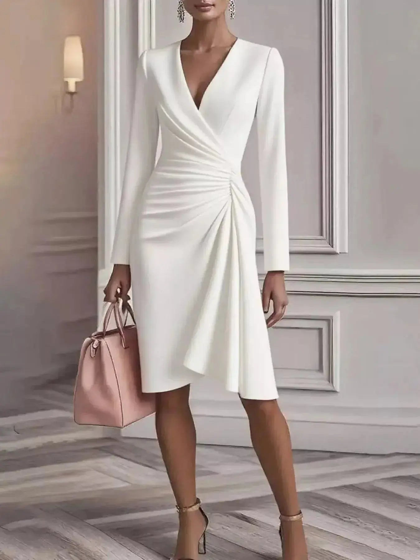 Front Ruched V-Neck Long Sleeve Dress - DaisyDrop 