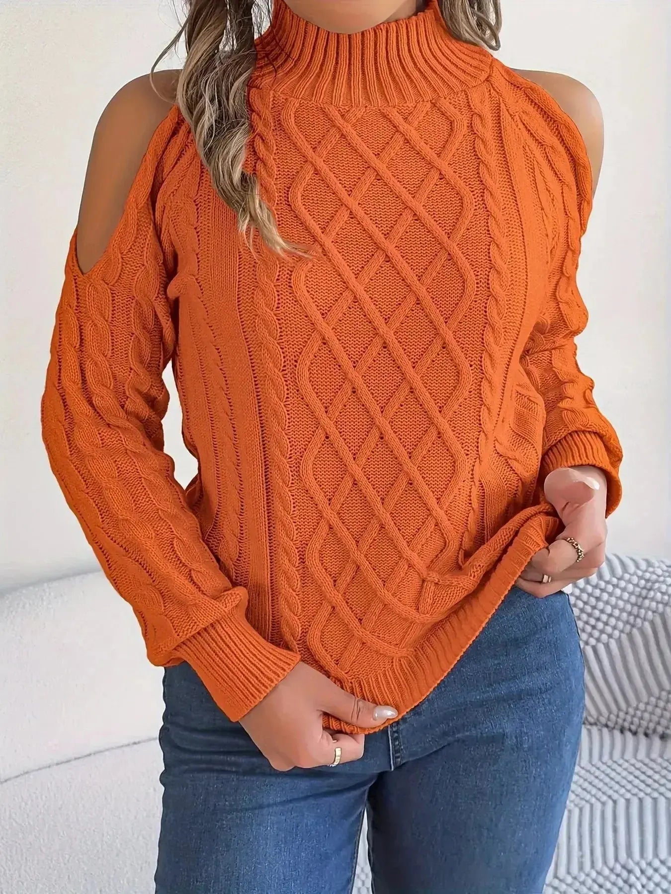 Cable Knit Cold Shoulder Turtleneck Sweater - DaisyDrop 