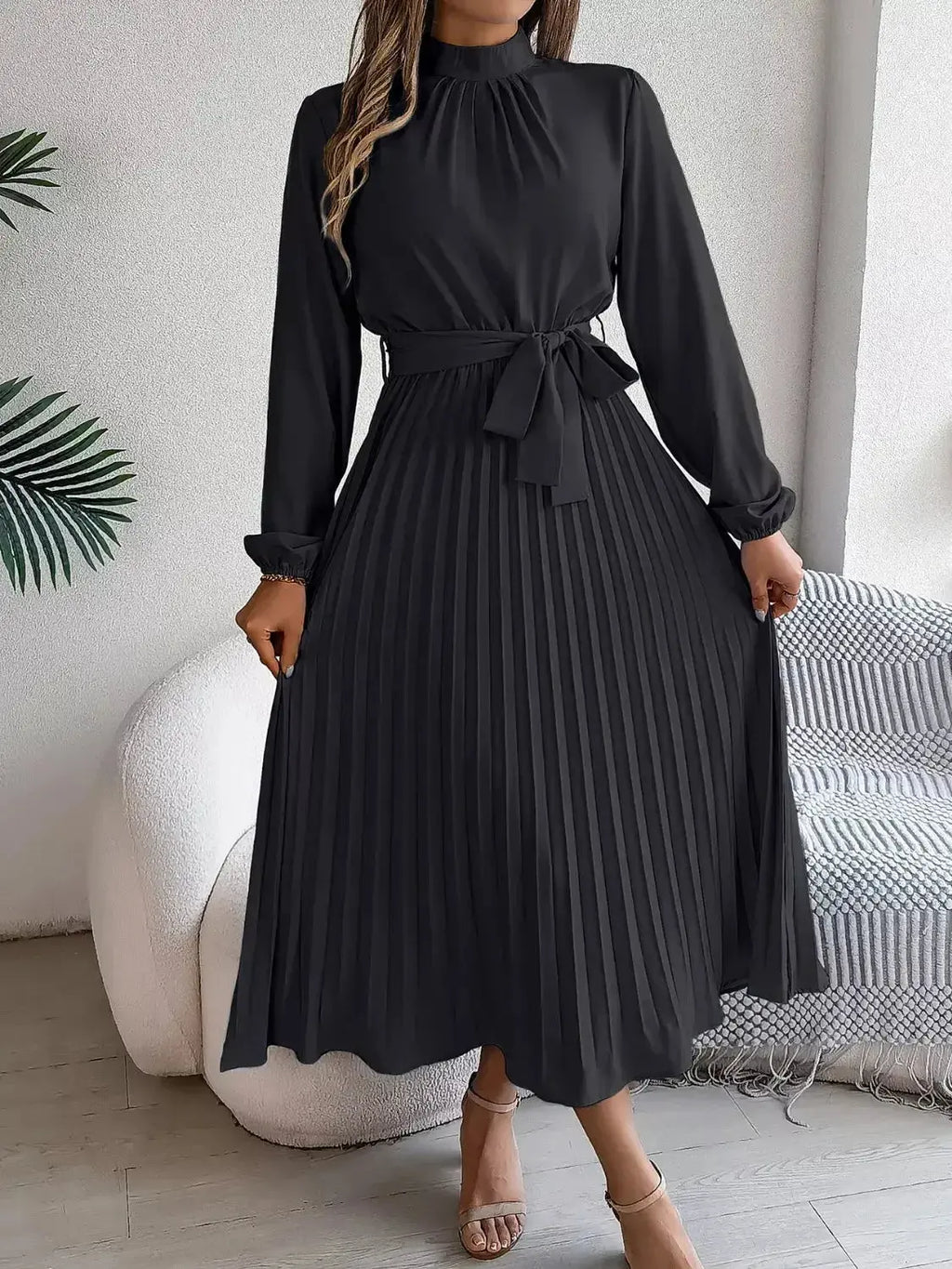 Mock Neck Pleated Midi Dress - DaisyDrop 