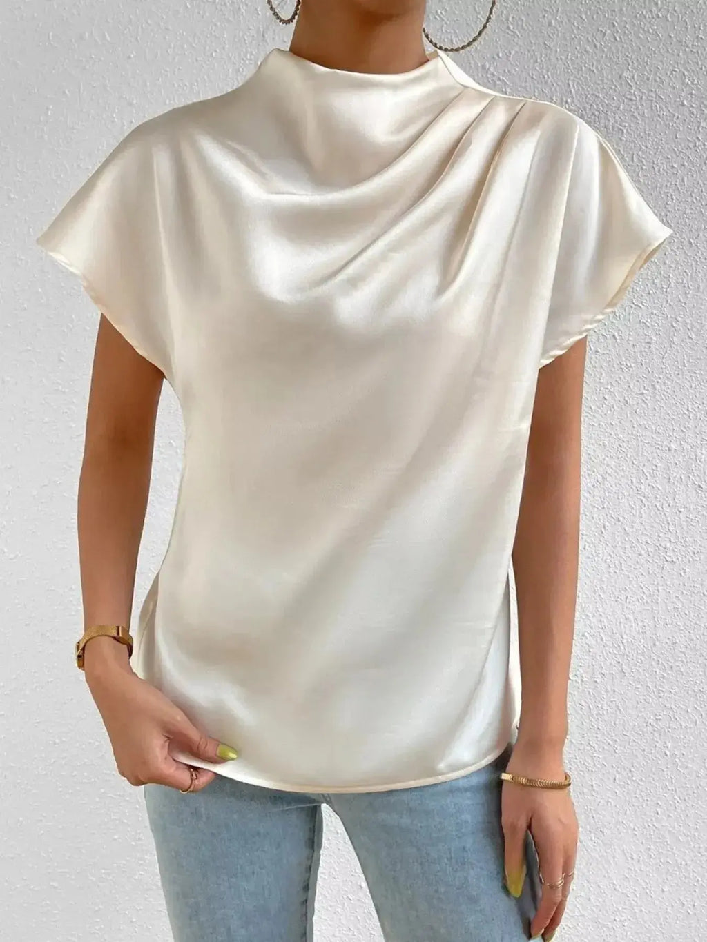Mock Neck Satin Blouse - DaisyDrop 