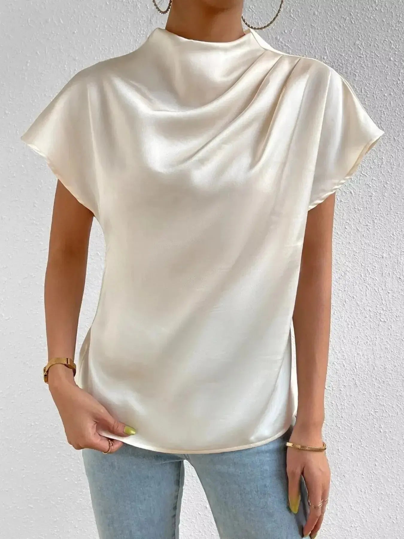 Mock Neck Satin Blouse - DaisyDrop 