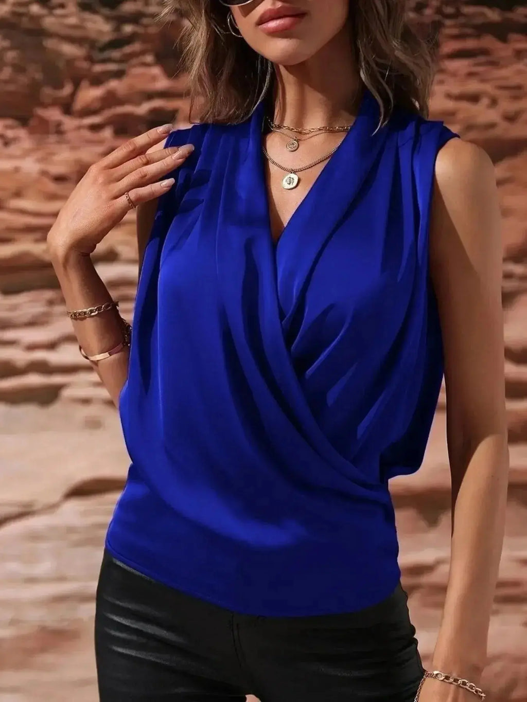 Sleeveless Wrap Draped Blouse - DaisyDrop 