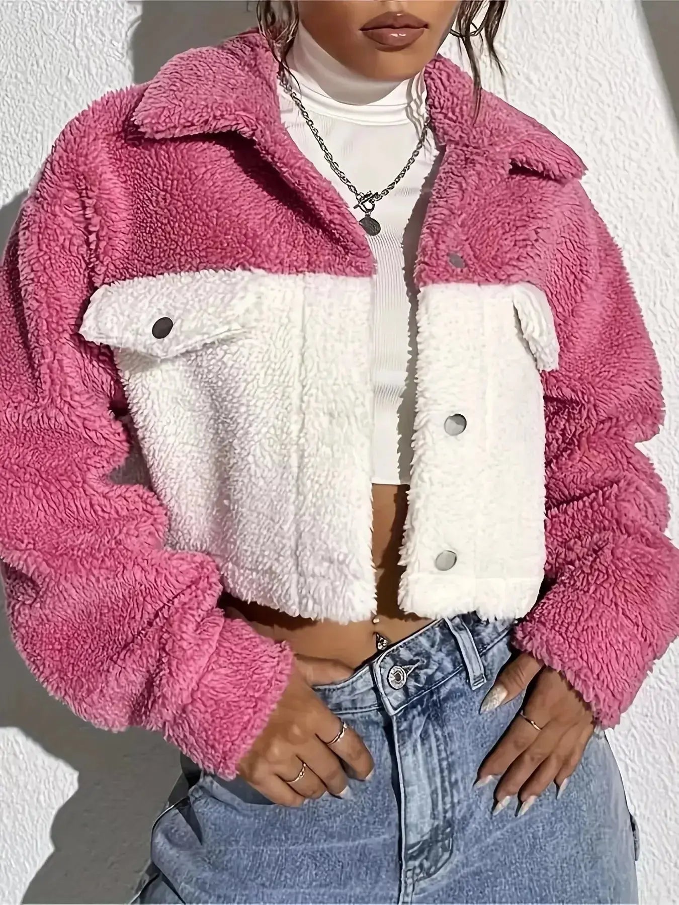 Two-Tone Plush Cropped Jacket - DaisyDrop 