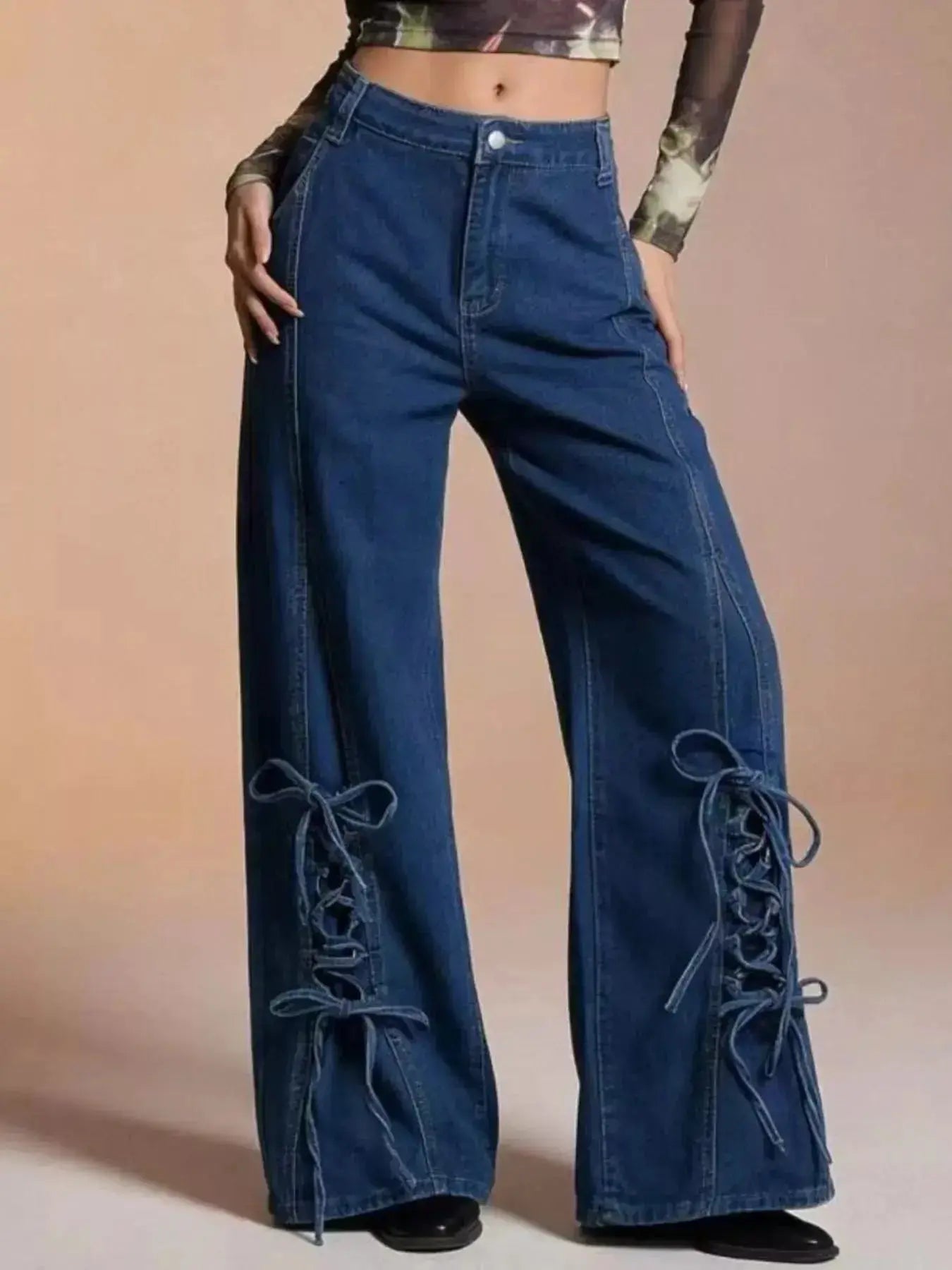 Lace-Up Wide Leg Jeans - DaisyDrop 