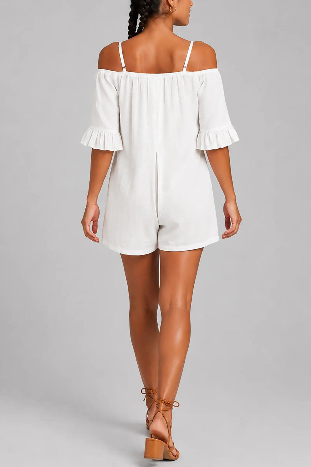Women's fashion strapless, off-shoulder, ruffled sleeves, semi-open front, one-piece short shorts eprolo