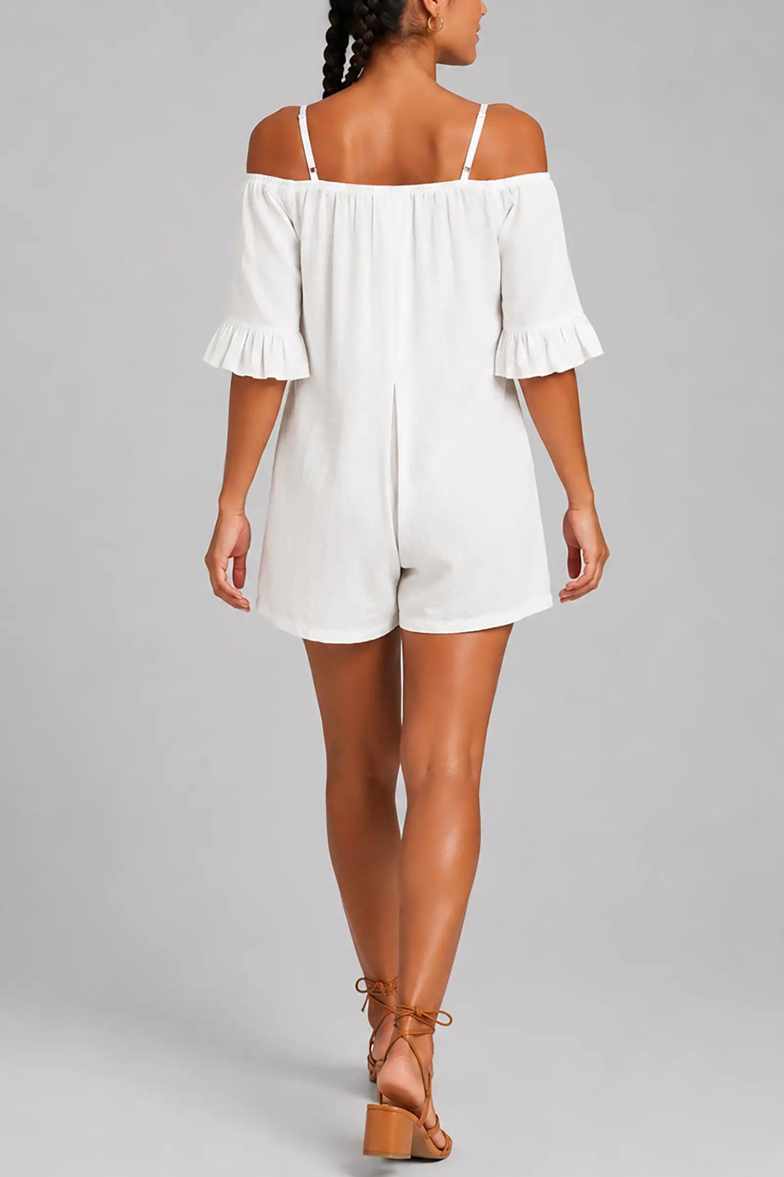 Women's fashion strapless, off-shoulder, ruffled sleeves, semi-open front, one-piece short shorts eprolo