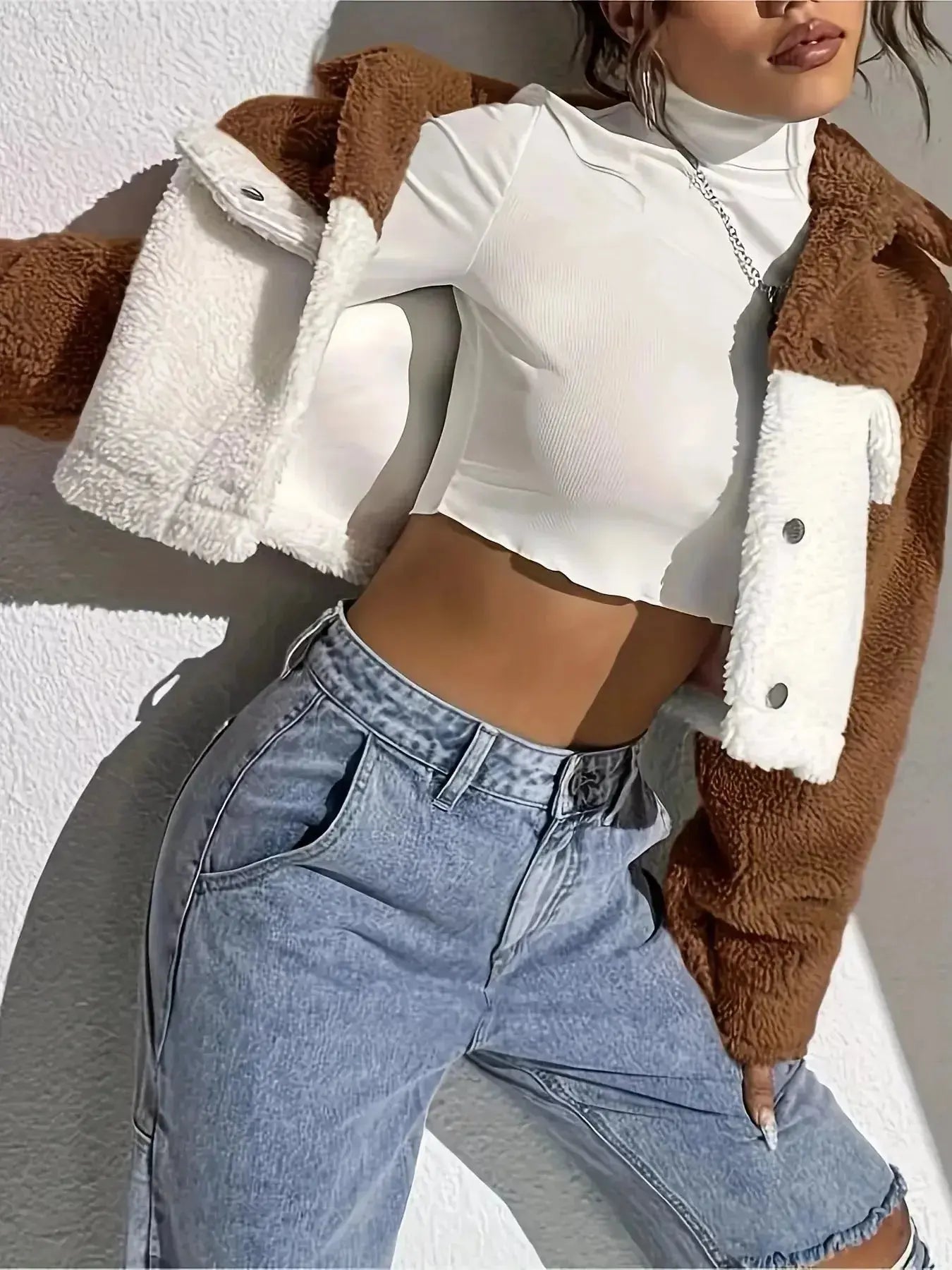 Two-Tone Plush Cropped Jacket - DaisyDrop 