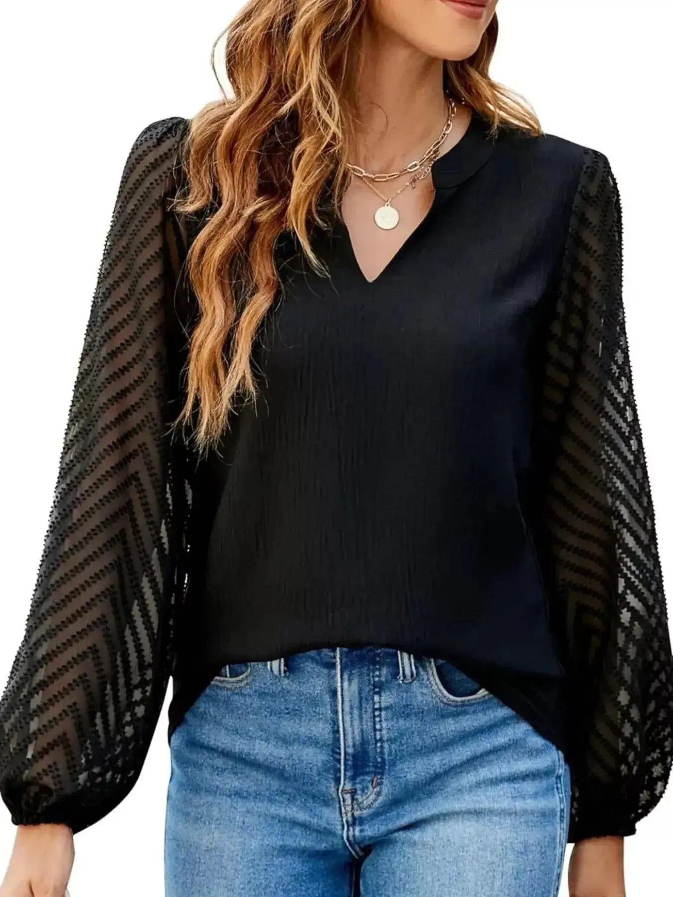 Notched Balloon Sleeve Blouse - DaisyDrop 