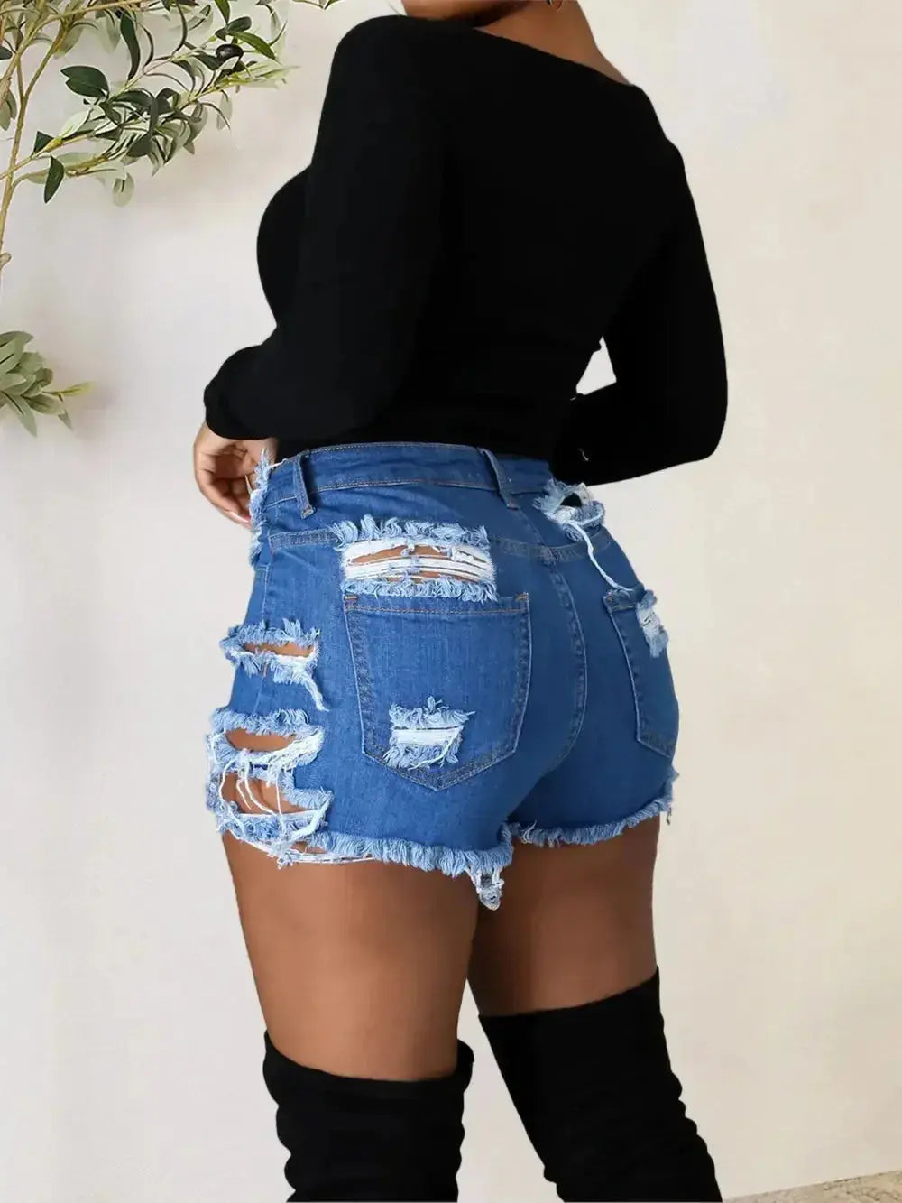 Distressed Raw Hem Denim Shorts with Pockets - DaisyDrop 