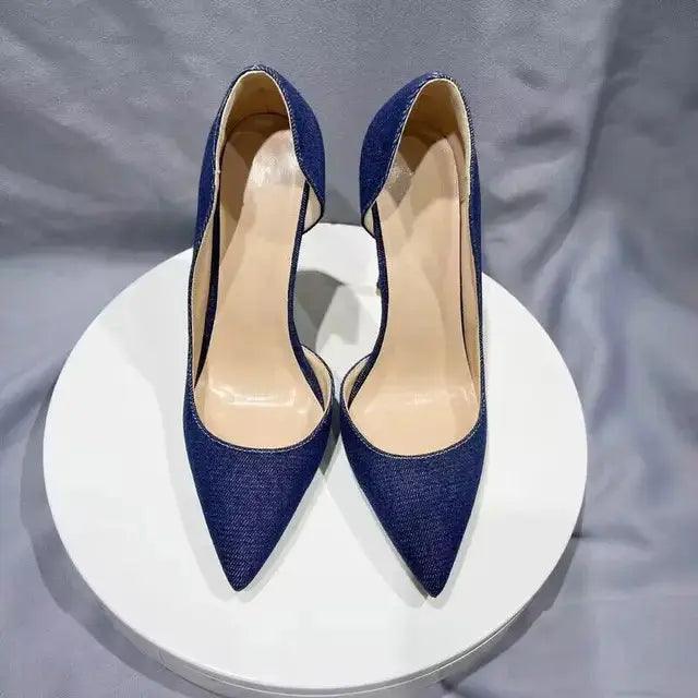 Women Navy Blue Denim Fabric Sexy  Pointy Toe High Heels eprolo