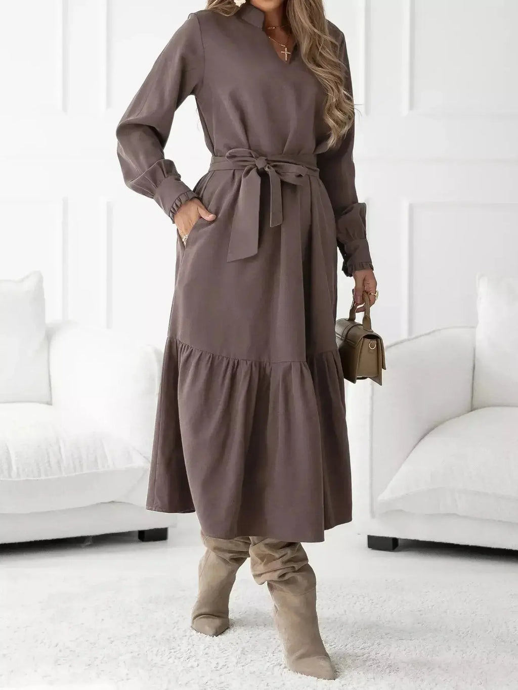 Long Sleeve Tie Waist Ruffle Hem Midi Dress - DaisyDrop 