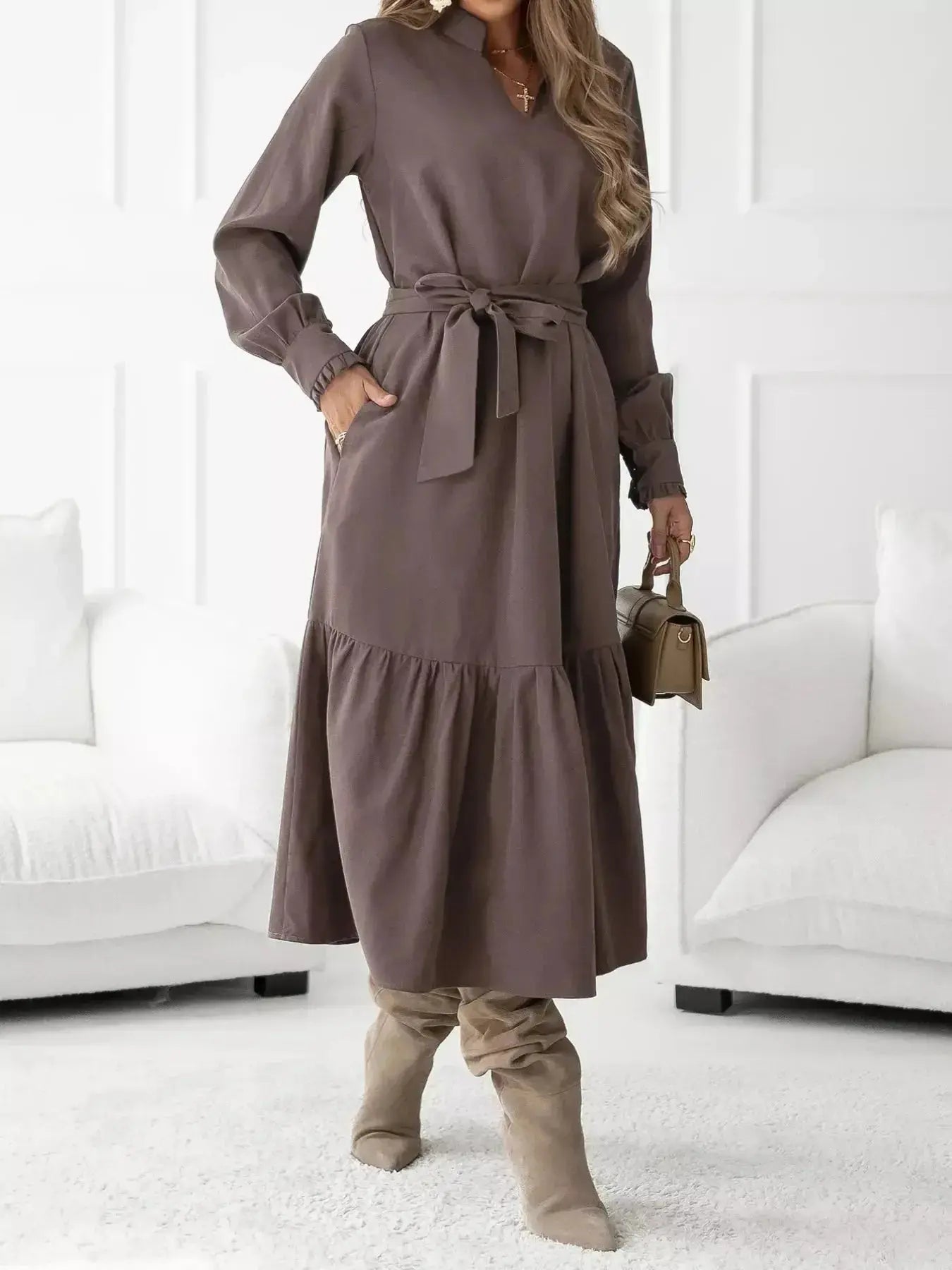 Long Sleeve Tie Waist Ruffle Hem Midi Dress - DaisyDrop 