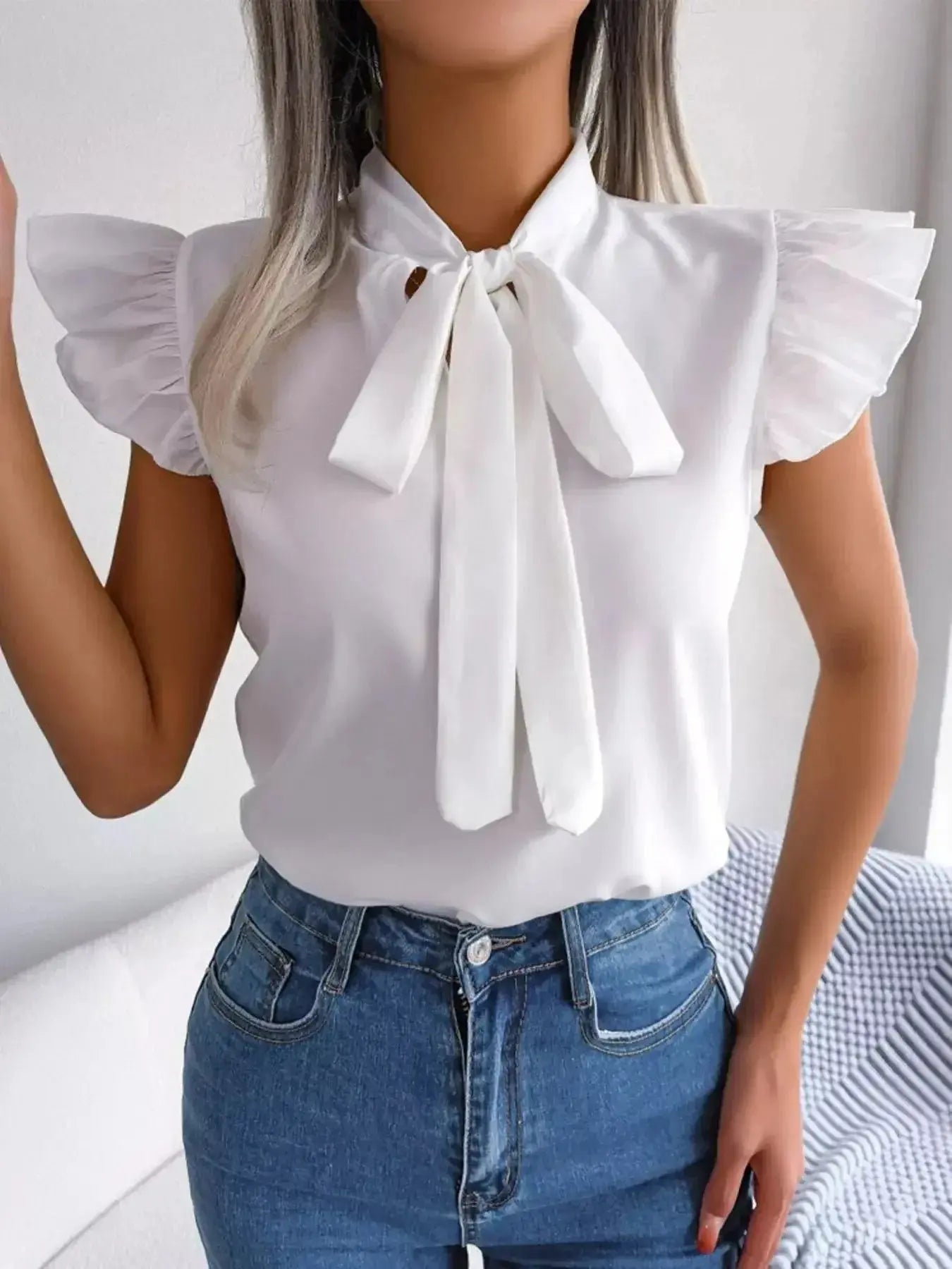Bow Tie Ruffle Sleeve Blouse - DaisyDrop 