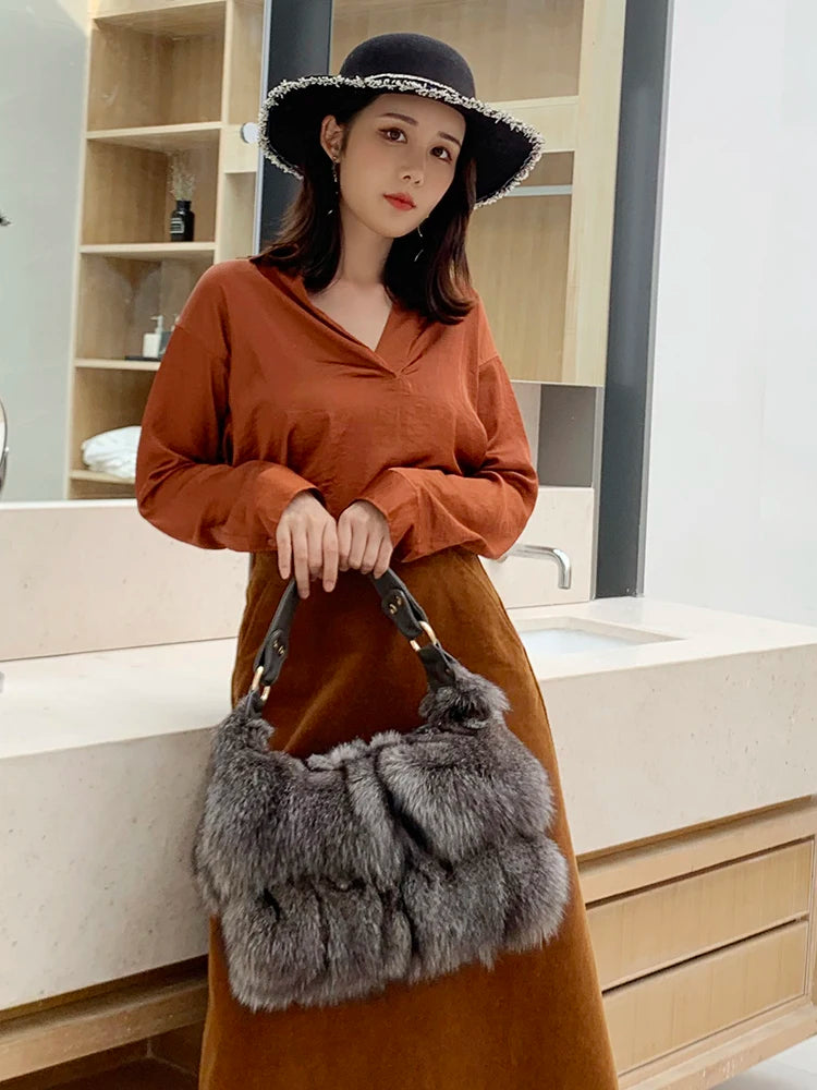 Women Winter Real Fox Fur Luxury Handbag