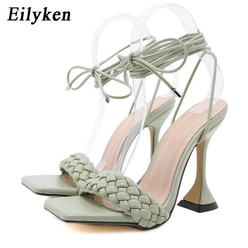 New Design Weave Sandals Spike Heels Women Open Toe Ankle Strap eprolo