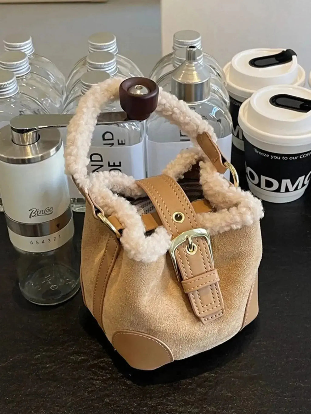 Fuzzy Trim Bucket Crossbody Bag - DaisyDrop 