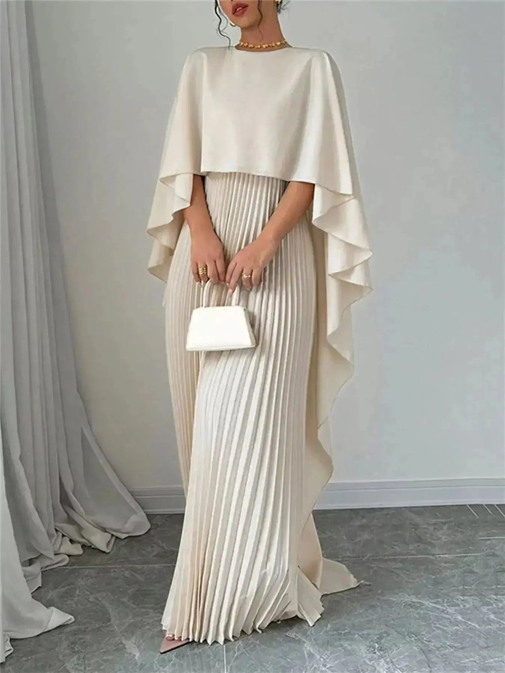 Cape Pleated Maxi Dress - DaisyDrop 