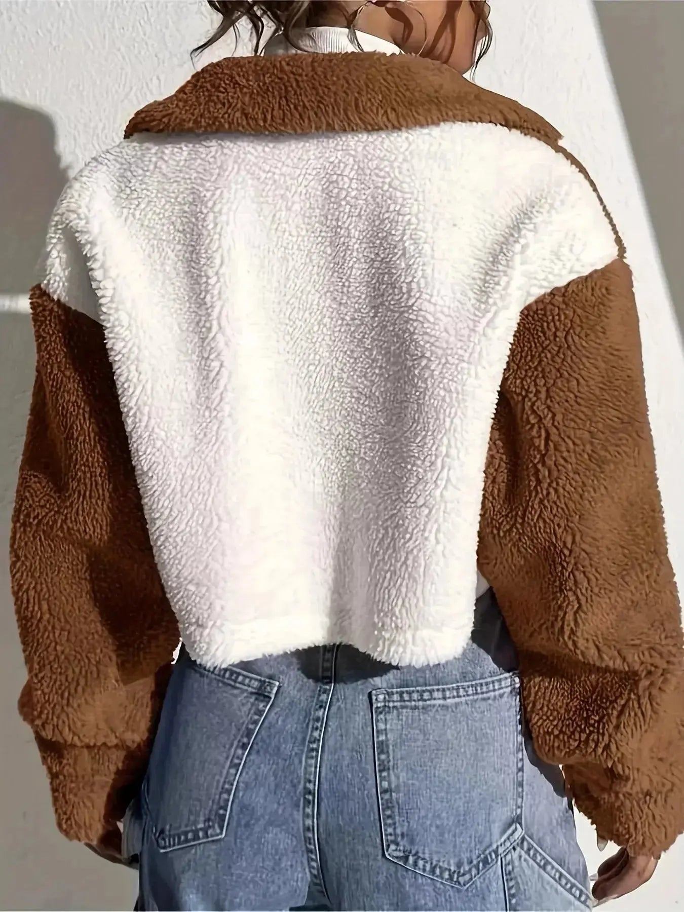 Two-Tone Plush Cropped Jacket - DaisyDrop 