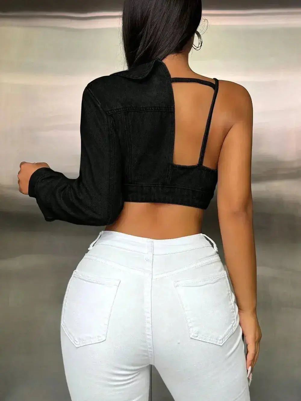 One Shoulder Long Sleeve Cropped Denim Top - DaisyDrop 