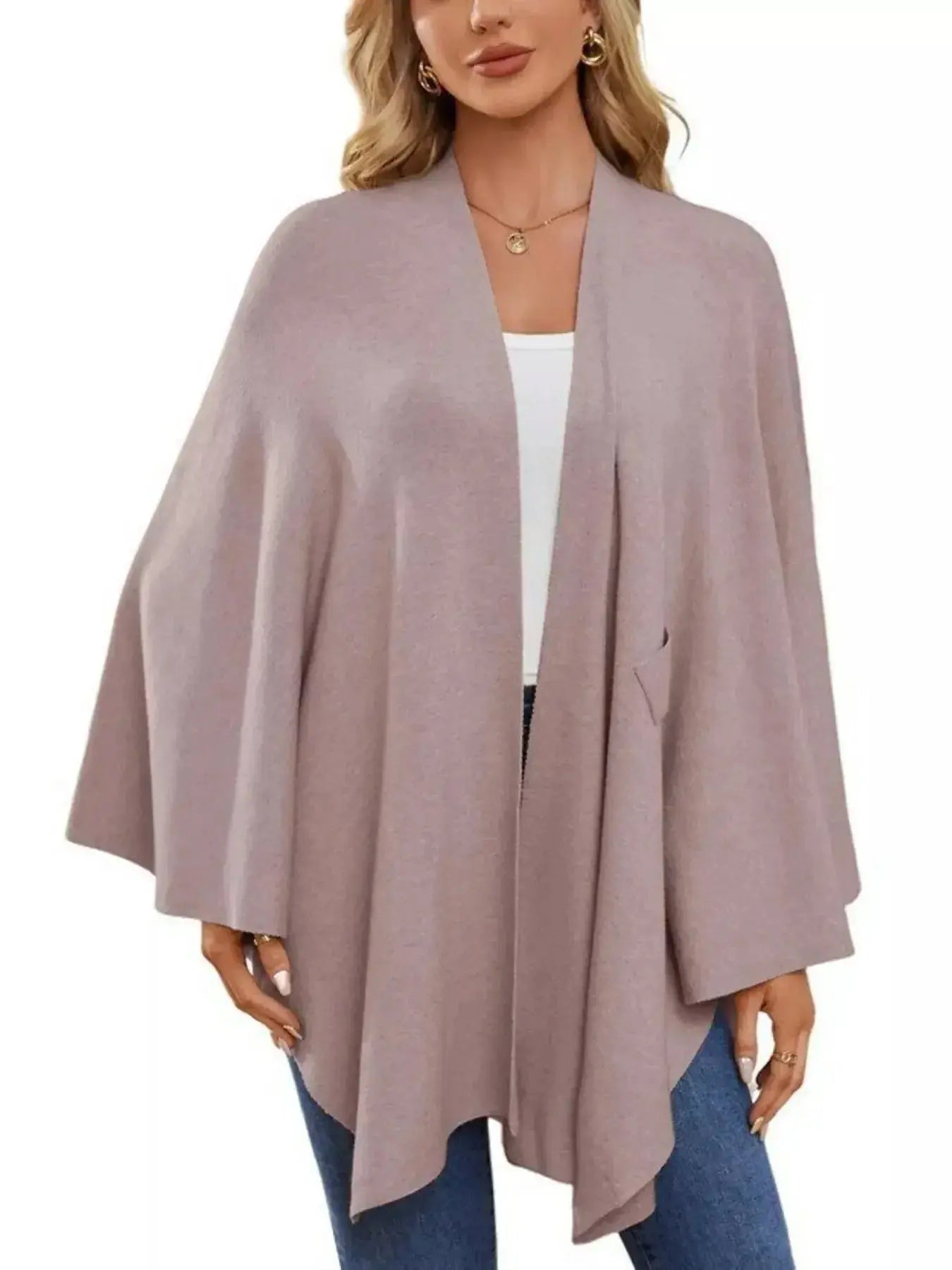 Solid Color Tie-Front Knit Cape Top - DaisyDrop 