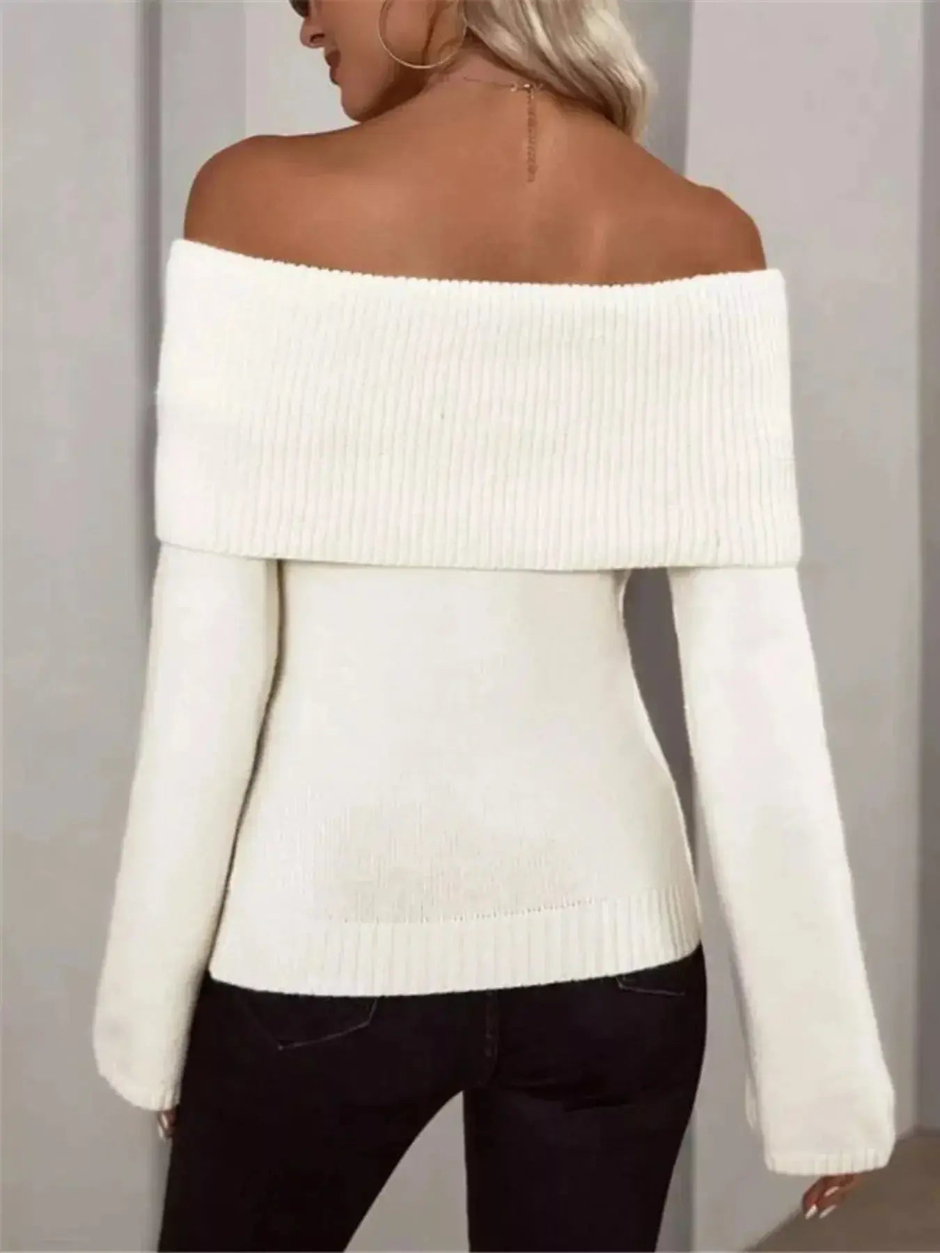Off-Shoulder Ribbed Knit Sweater - DaisyDrop 