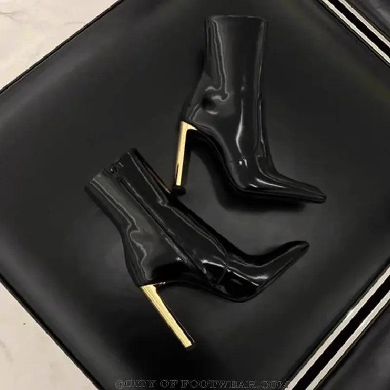 Black Patent Leather Women Gold High Heeled Ankle Boots eprolo