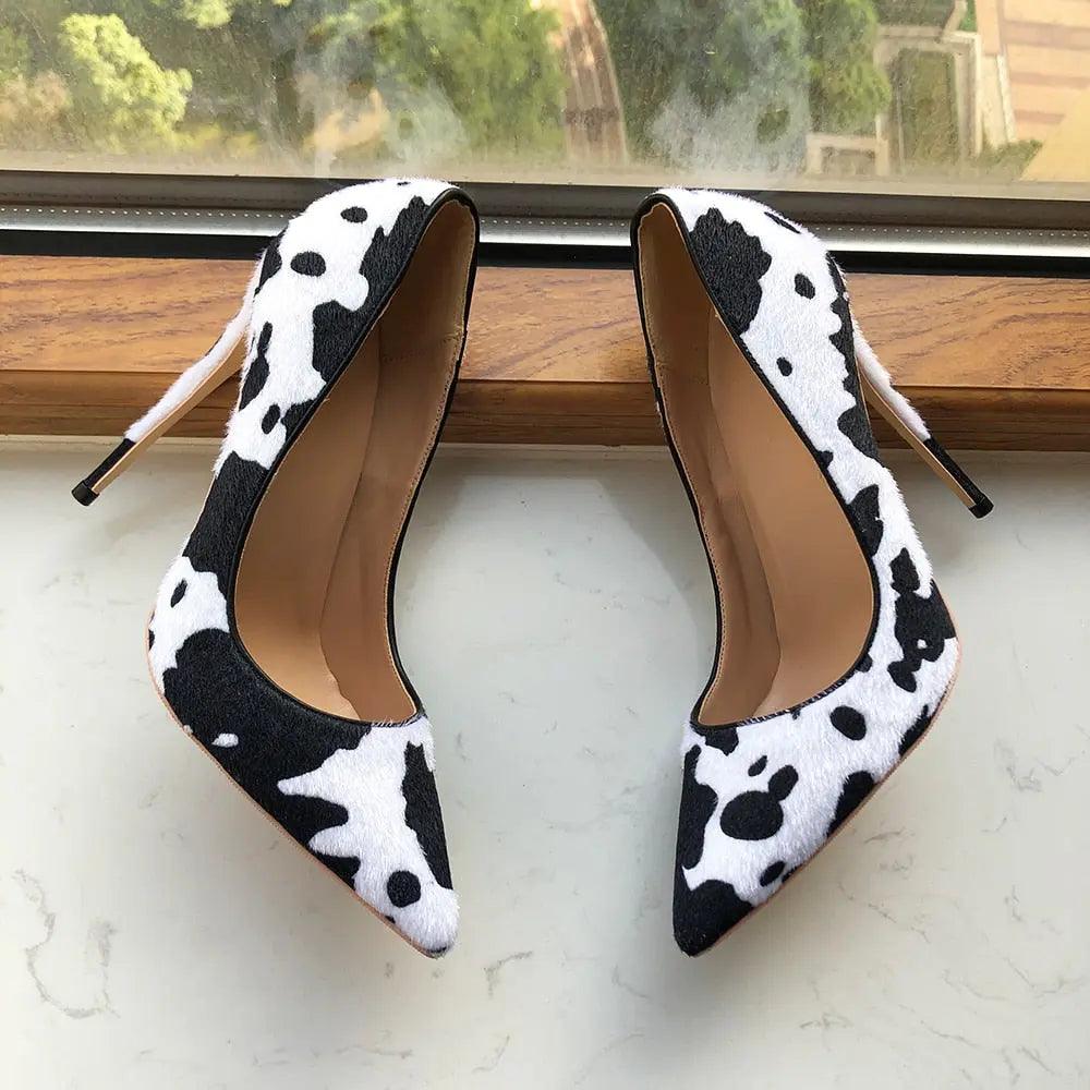 Tikicup Cow Print Women White Hairy Flock Pointy Toe High Heels eprolo