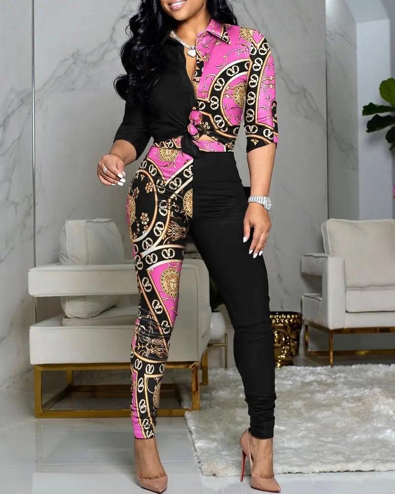 Scarf Chain Print Two Piece Set And Long Skinny Trousers eprolo