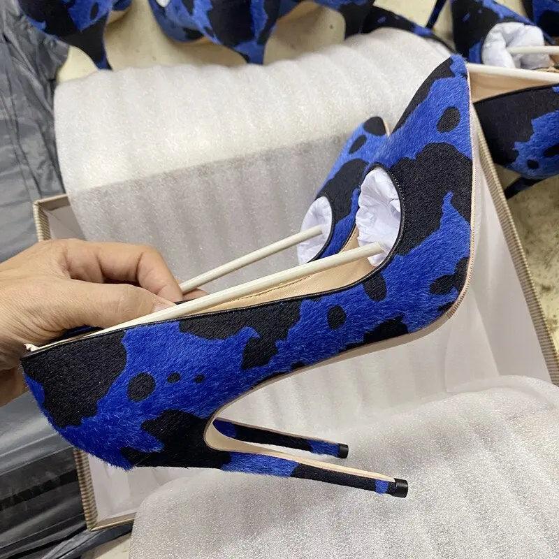 Tikicup Blue Cow Women Hairy Flock Pointy Toe High Heels eprolo