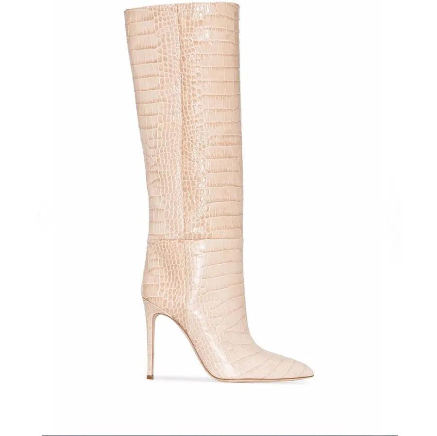 Women's High Boot Slip-on Crocodile Print Pointy Toe eprolo