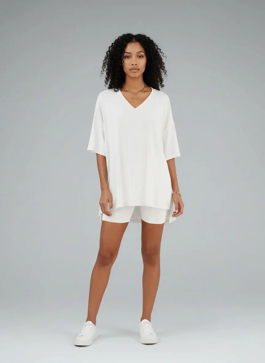 Full body view of the model wearing Full Size Casual Loose V-Neck T-Shirt & Shorts Set Plus Size
