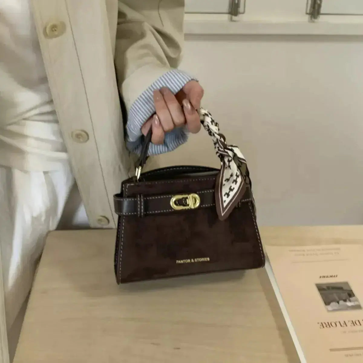 Suede Mini Crossbody Bag with Leather Strap - DaisyDrop 