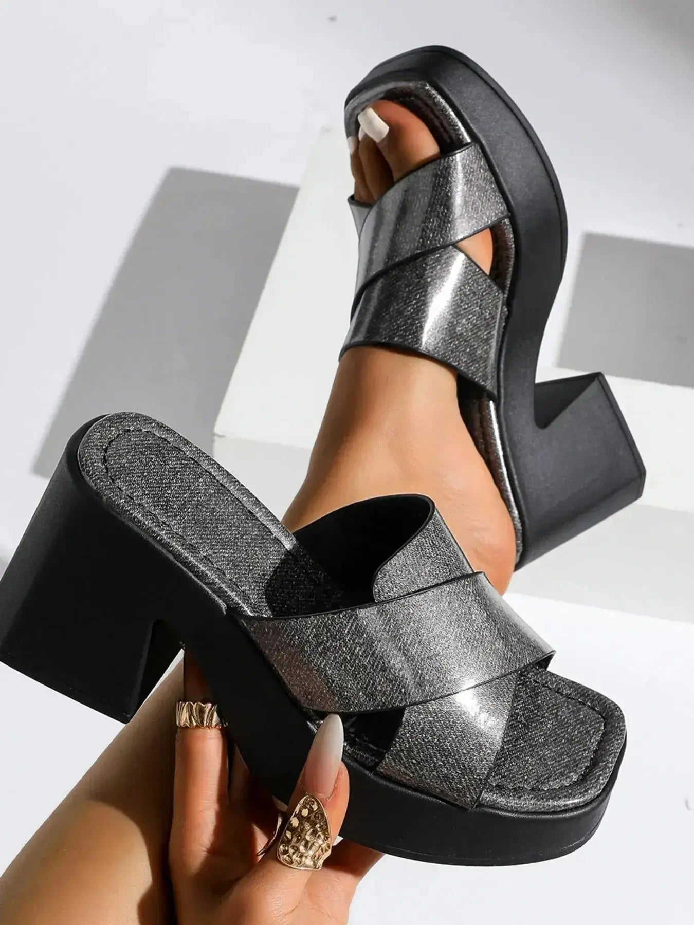 Platform Block Heel Slide Sandals - DaisyDrop 