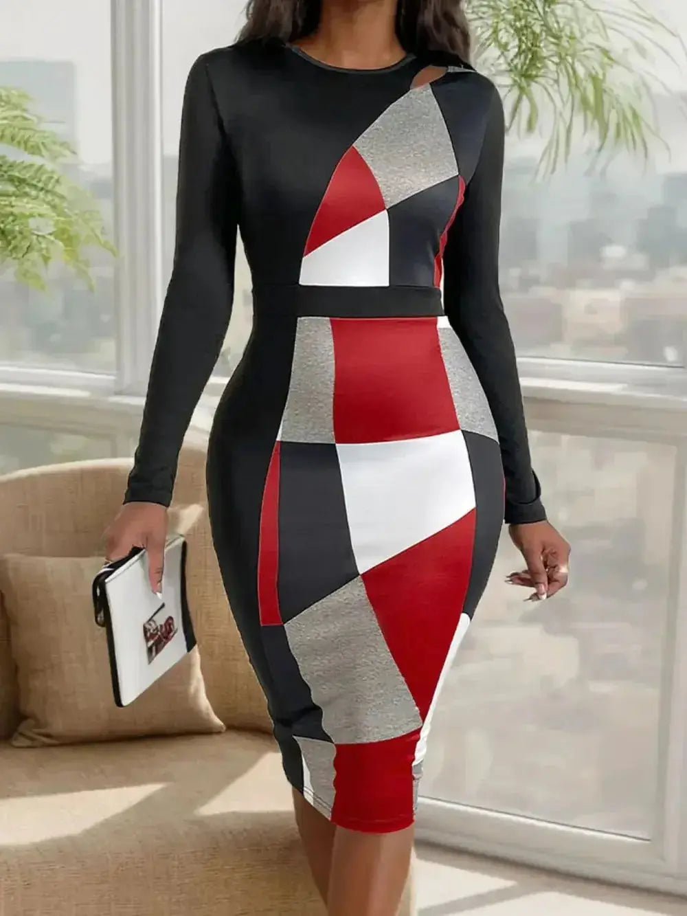 Perfee Cutout Color Block Round Neck Long Sleeve Dress - DaisyDrop 