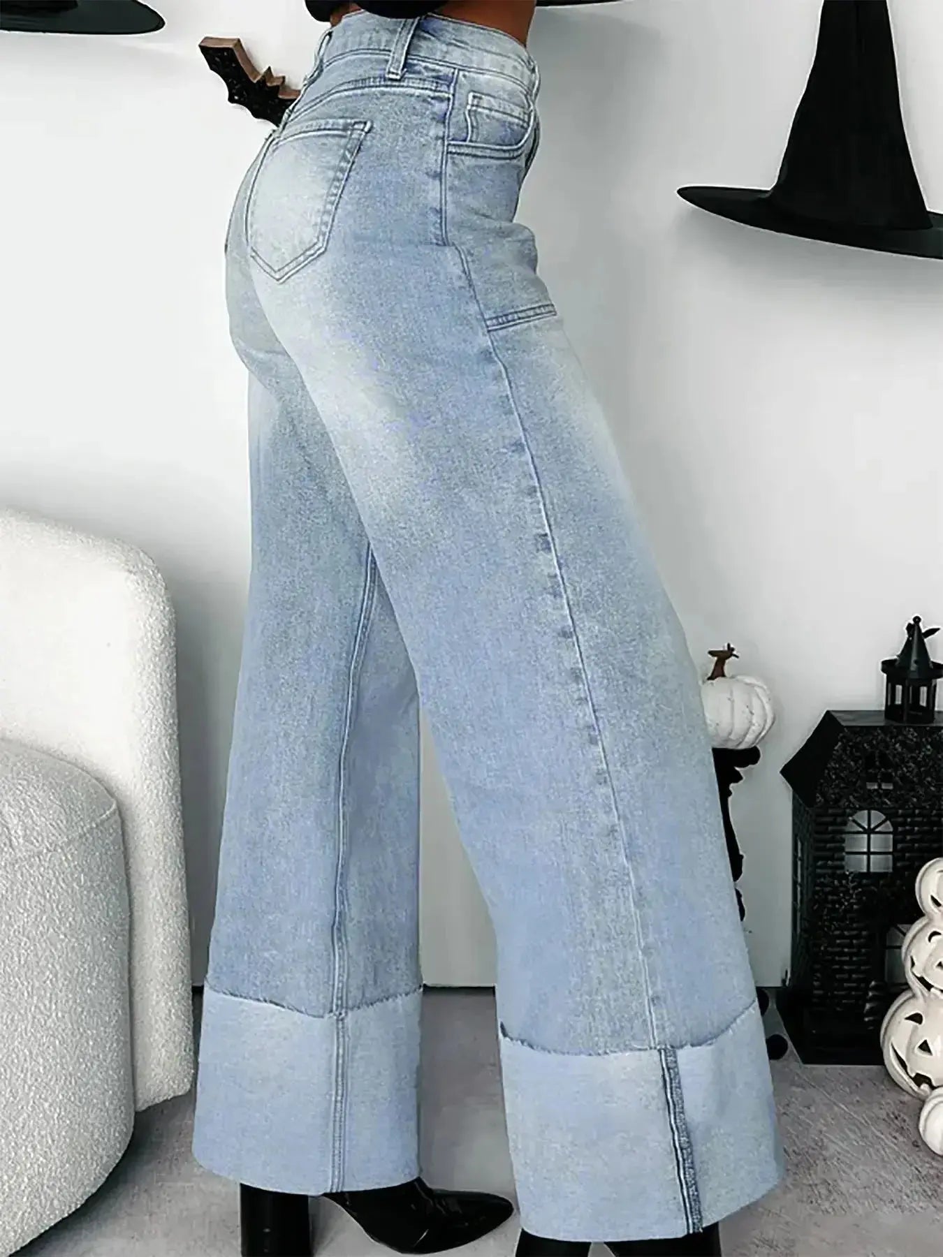 High-Waisted Wide-Leg Jeans with Cuffed Hem - DaisyDrop 