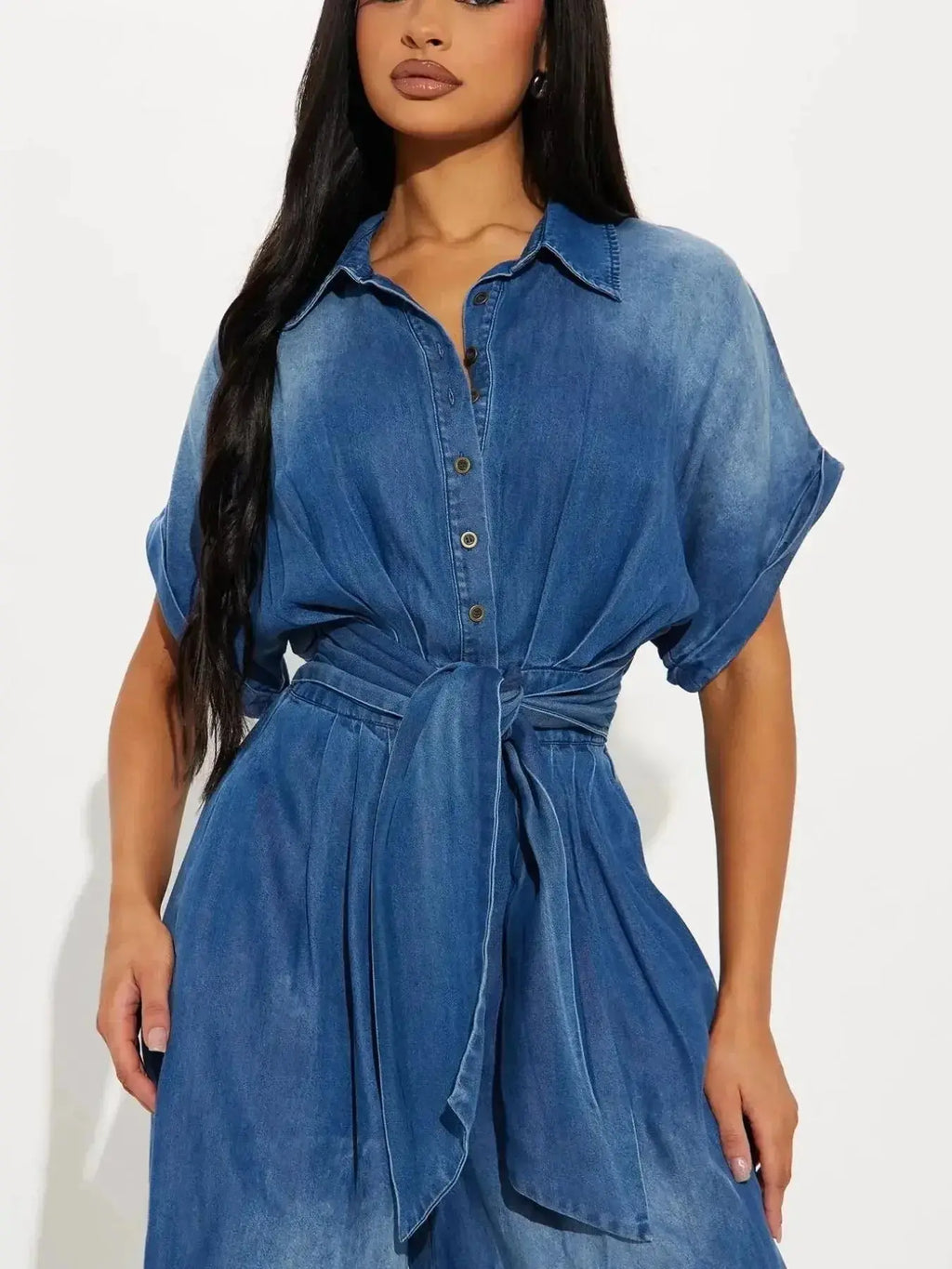Button Front Wide Leg Denim Jumpsuit - DaisyDrop 